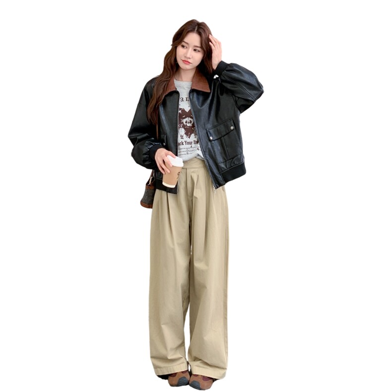黑色撞色翻领皮衣外套女2025秋季新款韩系复古高级感休闲机车夹克,女装皮衣,2C177