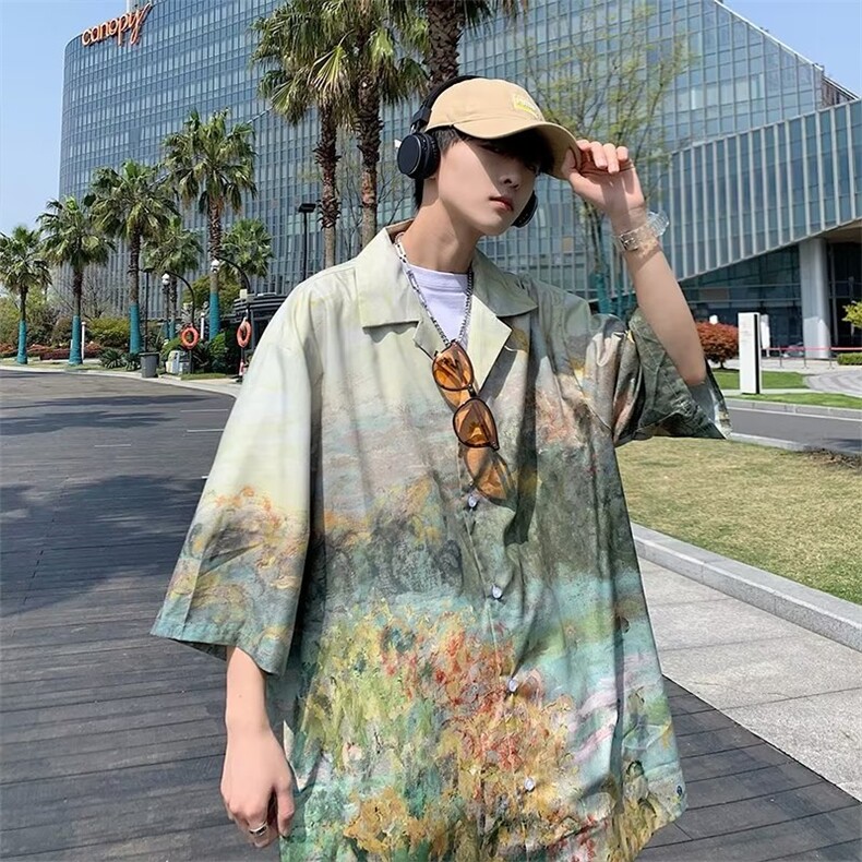 日系五分袖春夏季新款衬衫潮流慵懒男方领宽松型衬衫C283P40,男装衬衫,星座1116-2