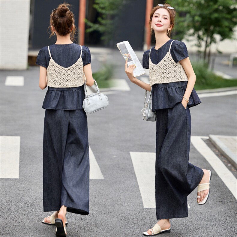 现货2025夏季水洗牛仔色休闲潮三件套裙减龄今年流行的女装套装，女装套装/套裙，然然