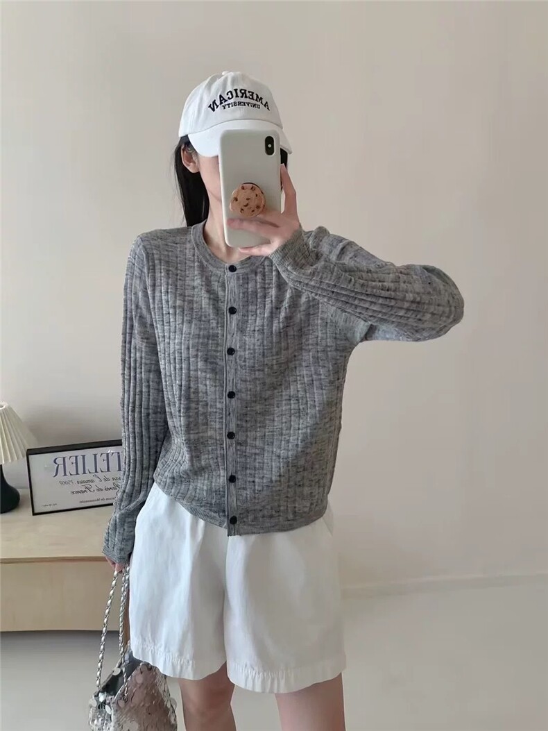 复古混色单排扣精纺羊毛时尚简约长袖开衫,女装T恤,艾米娇羊绒