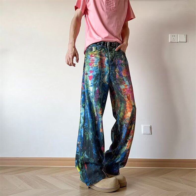 美式复古手绘泼墨油画涂鸦牛仔裤男款潮牌设计感小众宽松直筒裤子，男装牛仔裤，星座601-1