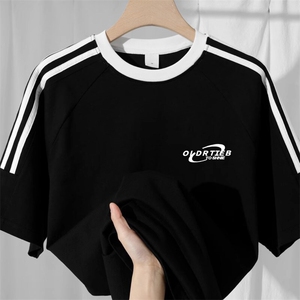 夏季美式高街重磅纯棉三条杠织带撞色男女短袖T恤ZD628-特P30图片
