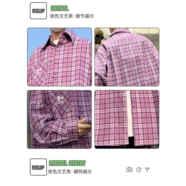 6001-P452025新款春秋季格子外套衬衫男长袖日系复古潮牌痞帅,男装衬衫,电商B323A