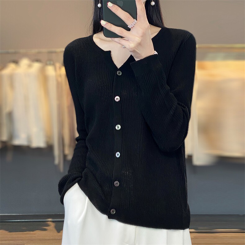 春秋新款精纺羊毛衫女POLO领开衫长袖薄款针织衫气质显瘦外套毛衣，女装羊毛衫，总能电商供货