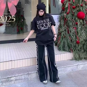 W10348-P73 网图现货 美式高街潮流侧边珍珠休闲长裤卫裤宽松直筒图片