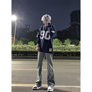 美式hiphop牛仔裤修身直筒微喇叭裤图片