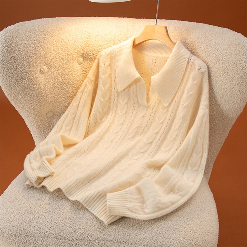 2025年秋季时尚百搭通勤简约休闲镂空加厚半开衬衫领，女装羊绒衫，盛世绒华