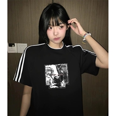 抖音得物高品质二开240克宽松纯棉美式潮牌三条杠织带短袖T恤，男装T恤，电商A486-1