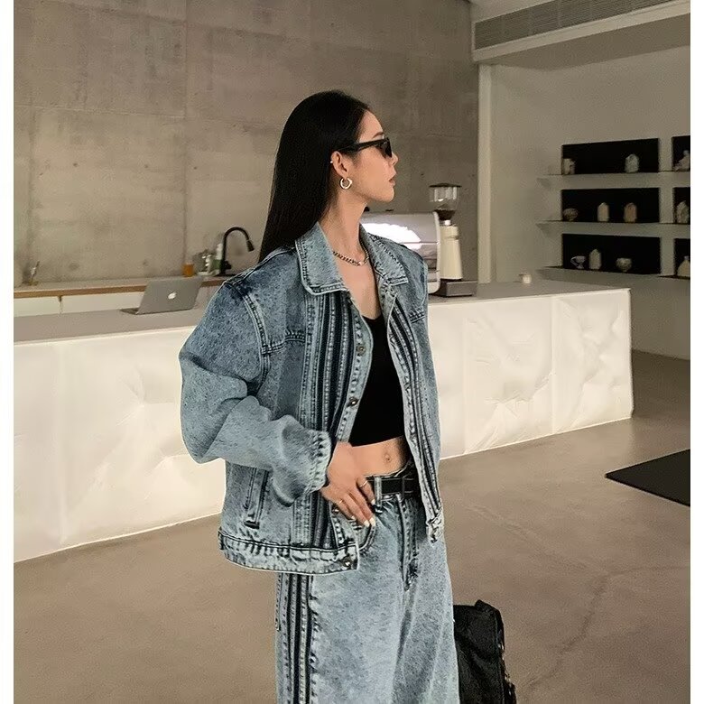 美式复古三条杠牛仔外套男女夹克短款小众设计感休闲百搭宽松外套,男装工装外套,星座218-1（原230）
