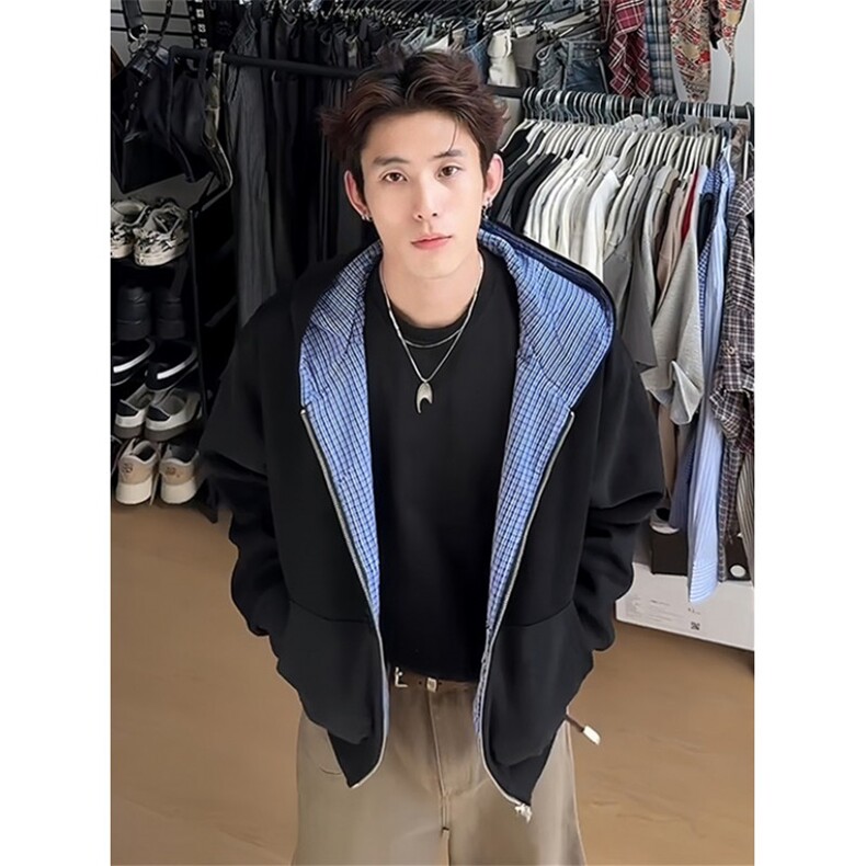 秋冬翻领情侣开衫男撞色拼接格子假两件夹克外套女JTB10，男装夹克，星座1116A（原606A-3）