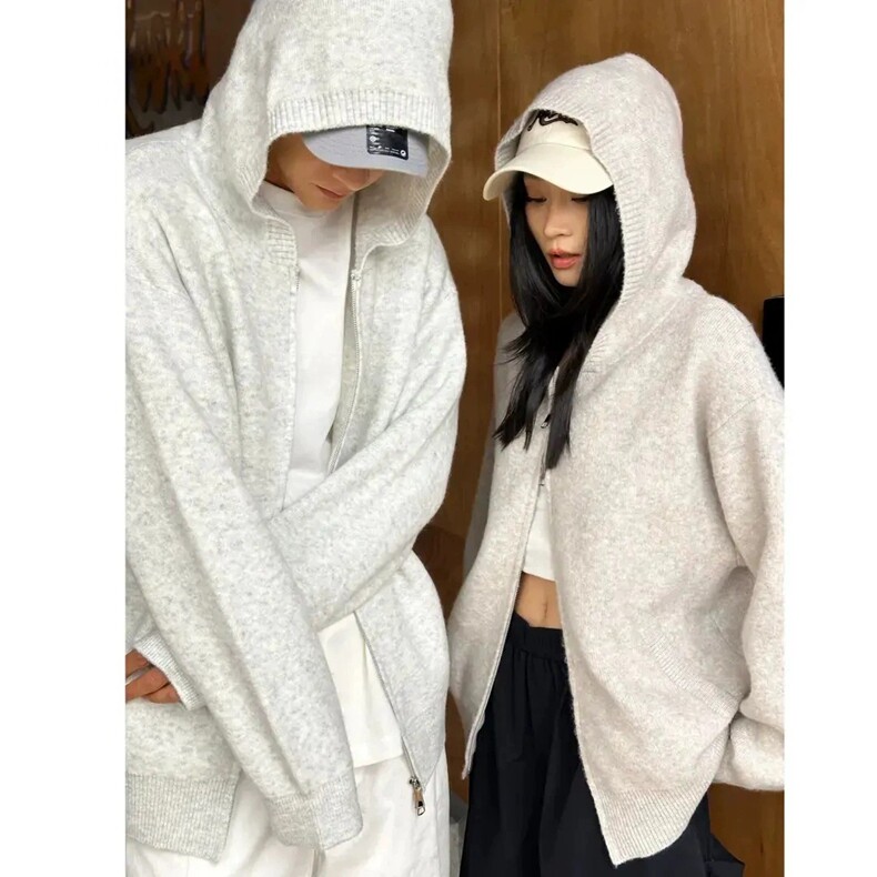 连帽针织开衫男女2025秋季新款宽松韩版纯色百搭拉链毛衣外套日系图片