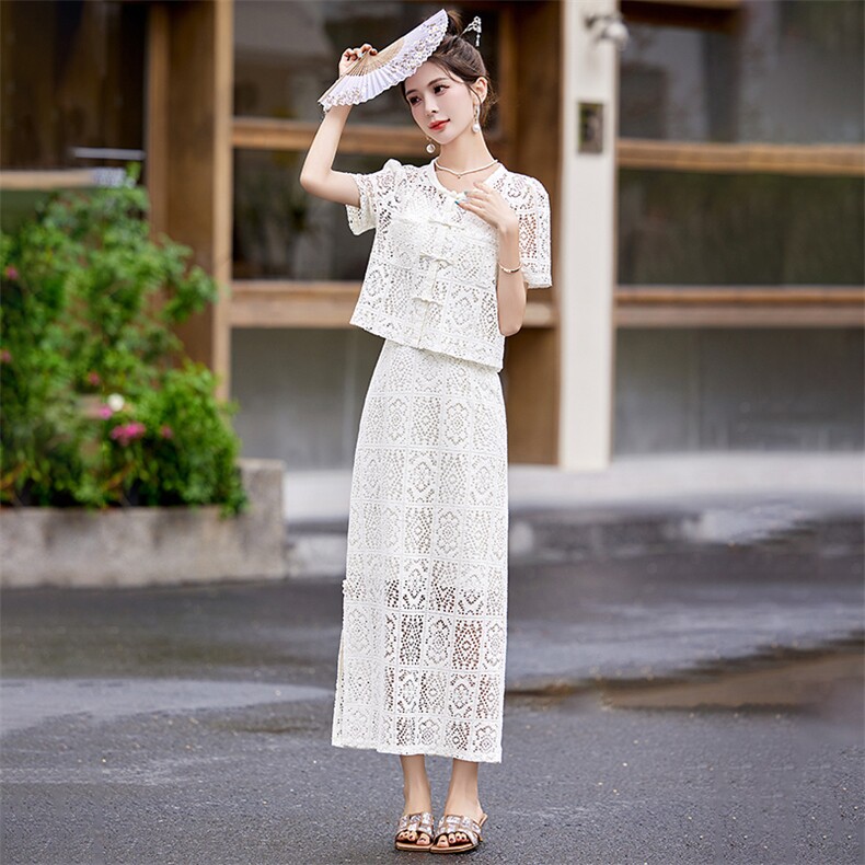 2024夏季新款新中式盘扣仙气小香风白色蕾丝两件套时尚套裙,女装套装/套裙,星期衣