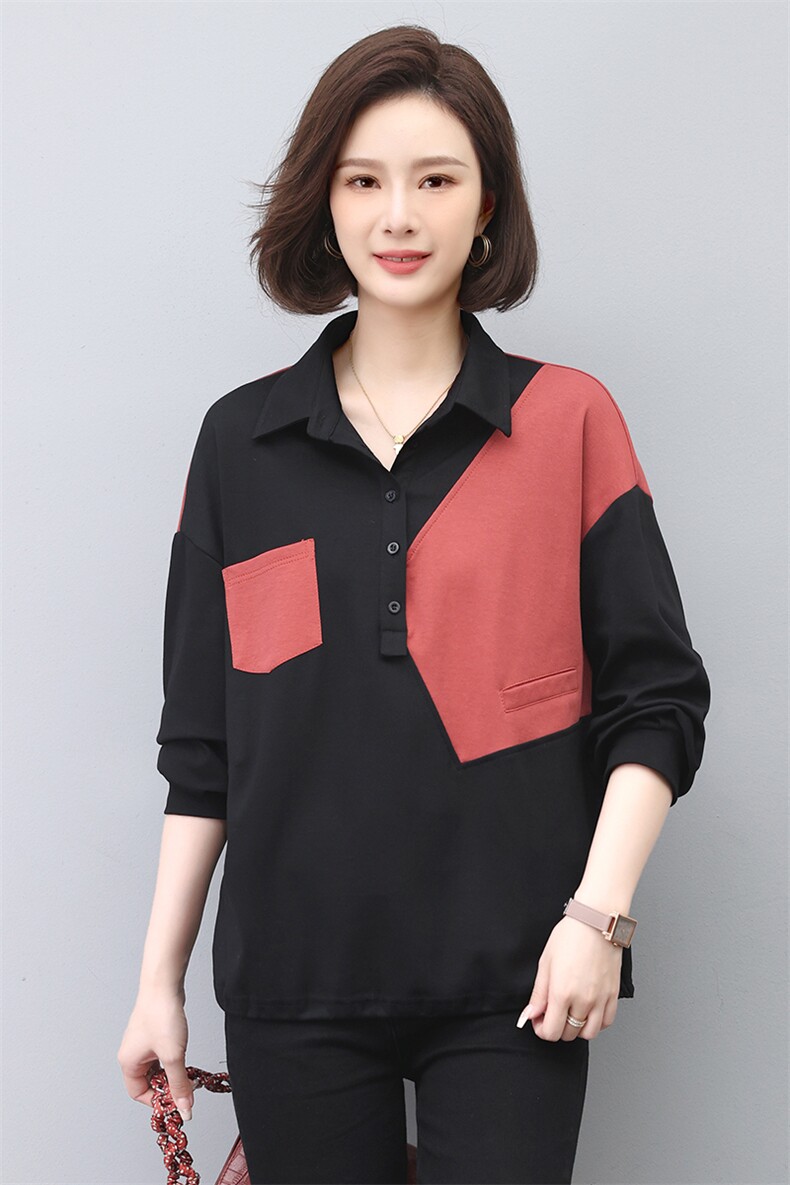 2023年春季POLO长袖宽松型拼接卫衣T恤,女装T恤,依倍林