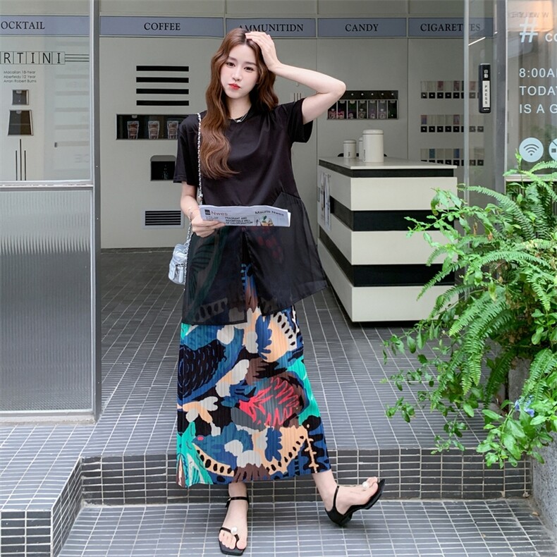黑色网纱拼接上衣印花半身裙套装女2025夏季新款小众不撞款两件套,女装套装/套裙,2C032