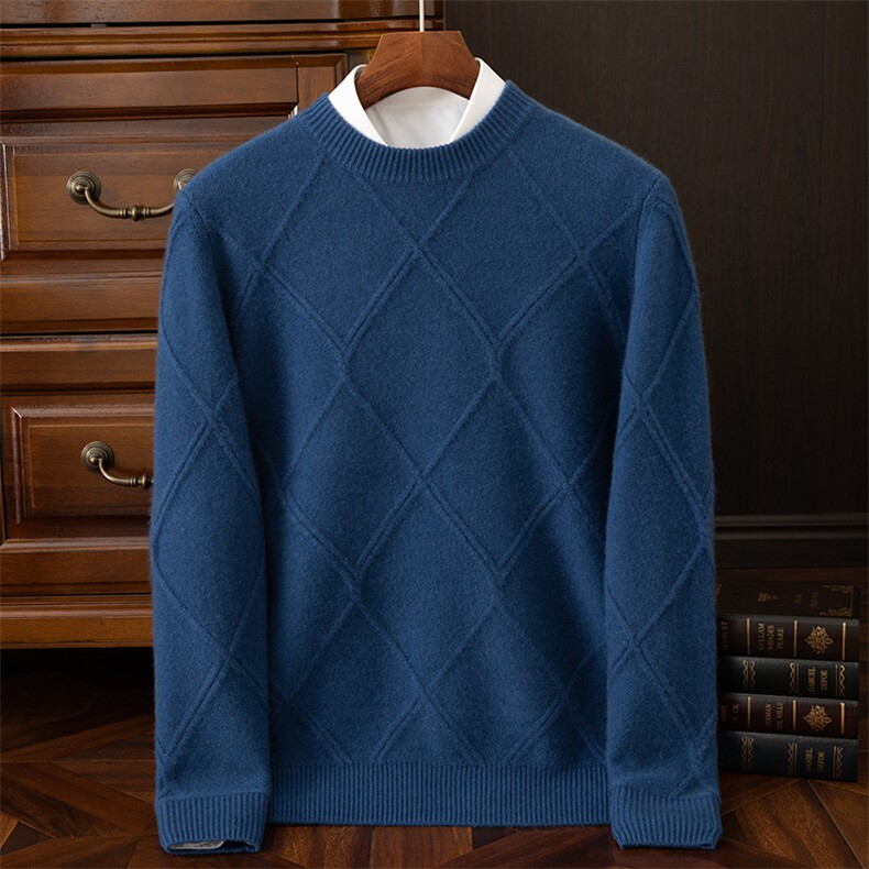 秋冬男士羊绒衫圆领薄款菱形宽松青年毛衣长袖大码羊毛针织打底衫，男装羊绒套衫，鼎坤羊绒