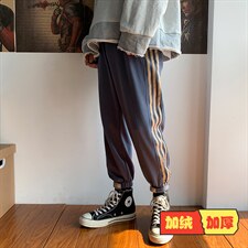 K9003-P40加绒-P50三条杠条纹加厚加绒运动裤男大码束脚休闲裤，男装休闲裤，电商A040