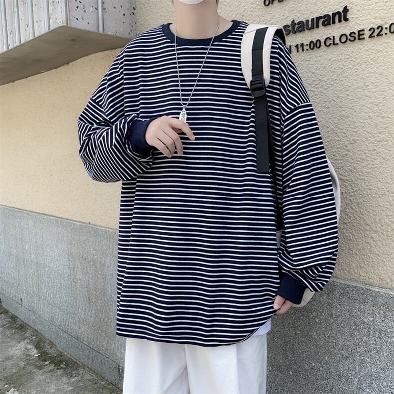 夏季港风ins长袖圆领上衣男日系宽松情侣条纹T恤潮流T1301-P24,男装T恤,星座512-2