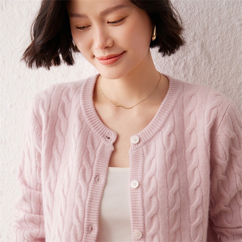2024秋季新款纯色长袖麻花圆领35%羊绒开衫通勤百搭,女装羊绒衫,雪真羊绒高端店