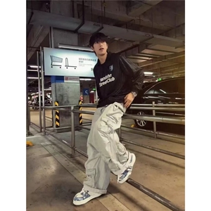 美式复古条纹字母印花冰感长袖速干T恤男女春秋百搭休闲短袖图片