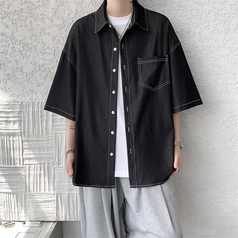8XL-M冰丝牛仔短袖衬衫男款夏季薄款宽松慵懒衬衣外套DC28006P60,男装T恤,电商B312