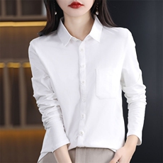 舒适弹力棉长袖衬衣女设计感小众时尚宽松韩版衬衫POLO领开衫新，女装衬衫，臻维羊绒