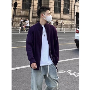 秋冬立领紫色开衫毛衣男女日系复古休闲宽松针织衫外套潮图片