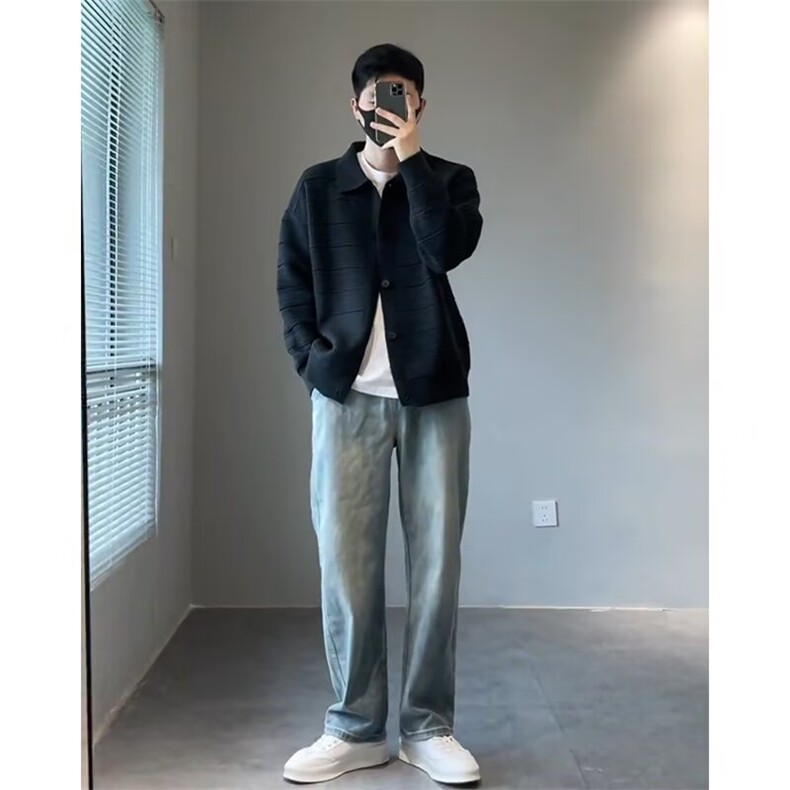 美式复古翻领开衫重磅毛衣冬季慵懒高级感休闲百搭针织衫上衣,男装针织衫/毛衣,星座410-6（原星座1304-1）