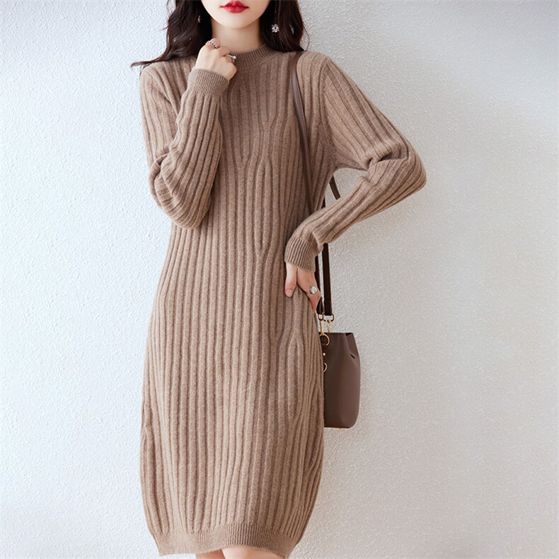 羊毛加厚抽条长裙2024年秋季简约时尚气质百搭，女装连衣裙，丹芙娇羊绒