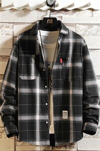 2021秋季新日系砖墙大码男宽松休闲工装格子衬衫C3053-P40图片