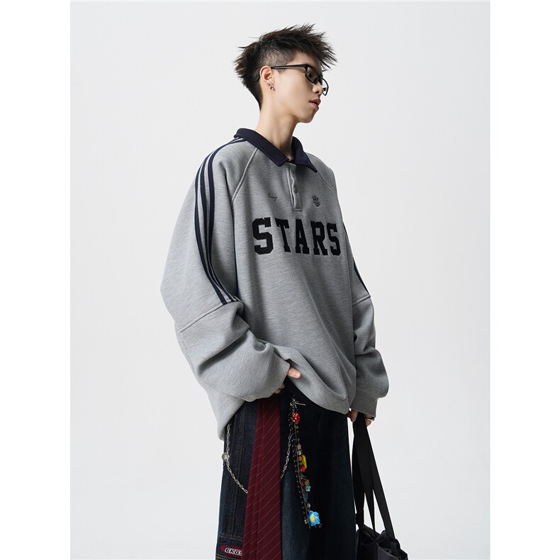 美式复古Polo领卫衣大码秋季重磅刺绣条纹上衣撞色外套WY5113/P65,女装短外套,电商B238