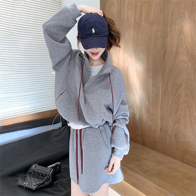灰色休闲卫衣运动套装裙女春秋小个子学院风减龄俏皮韩系ootd超火,女装套装/套裙,纯色衣恋