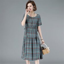 外贸出口品牌剪标女装复古棉麻连衣裙宽松大码拼接格子a字亚麻裙，女装连衣裙，玛其路