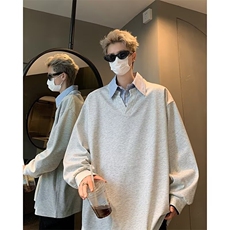 复古假两件拼接翻领卫衣男秋季潮牌宽松情侣休闲套头上衣-W318，男装卫衣，星座601-2