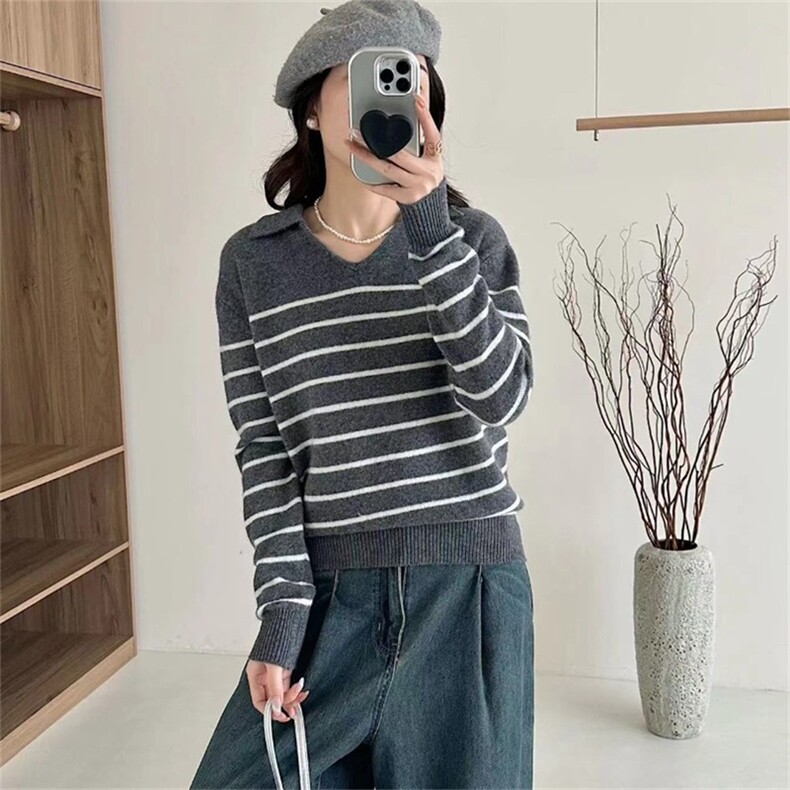 2025年秋季宽松型时尚百搭通勤简约条纹套头，女装羊绒衫，琳华羊绒