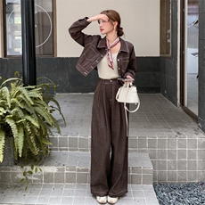 咖色工装外套阔腿裤两件套女秋季韩里韩气巨好看高级感chic一整套，女装套装/套裙，2C305