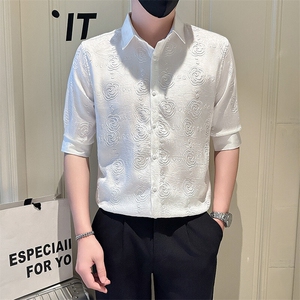 店主风社会小伙男士褶皱花泡七分袖衬衫男衬衣301A-1/CS569/P55图片