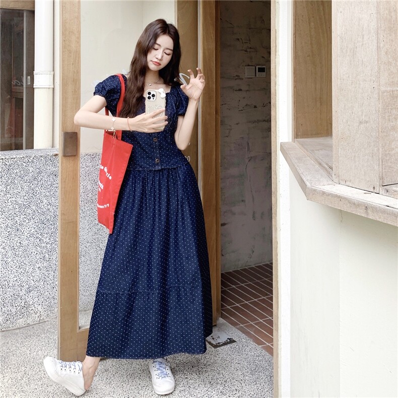 韩系甜美波点牛仔两件套装女2025夏季新款小个子泡泡袖上衣半身裙,女装套装/套裙,2C176