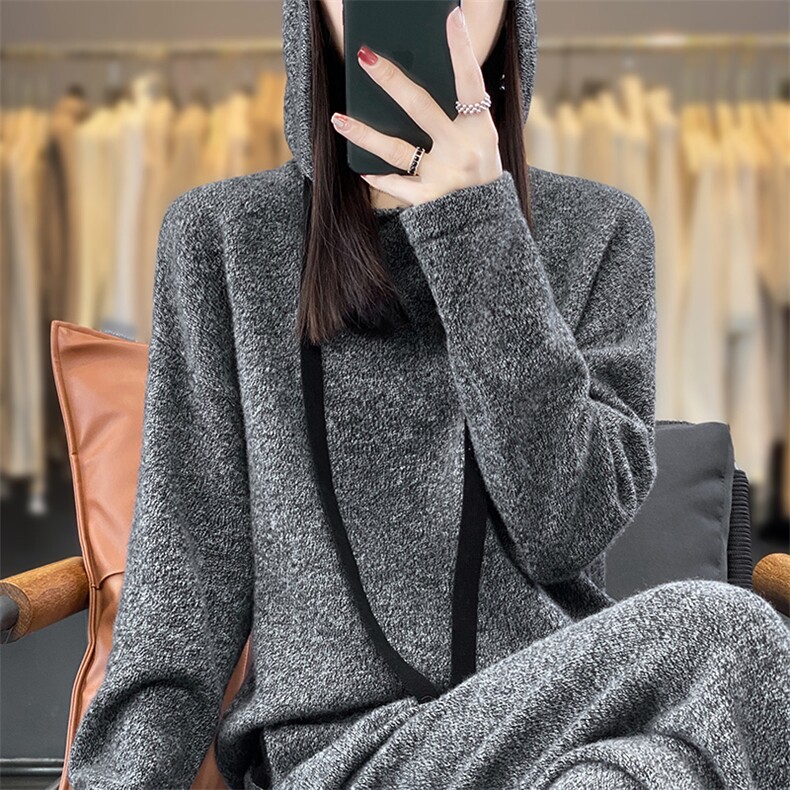 黑白！连帽套头常规长袖上衣宽松型直筒阔腿针织裤羊绒套装女显瘦,女装套装/套裙,暖思雅