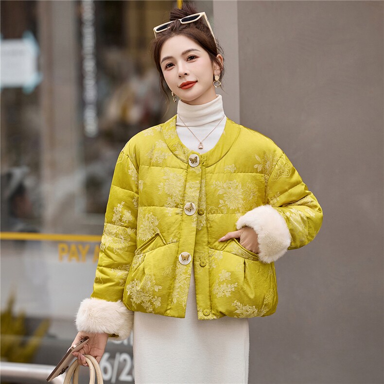 新中式90提花羽绒服2025年冬季新款高级感优雅气质白鸭外套,女装羽绒服,玖莱伊