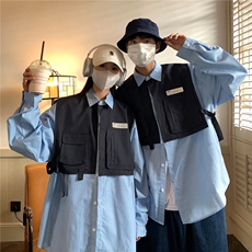 主推潮情侣装条纹假两件长袖情侣衬衫工装衬衣H753P78控98男，男装衬衫，电商A341