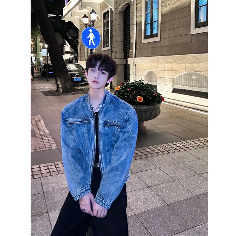 小众美式复古水洗短款牛仔外套男秋设计感垫肩夹克JK112-P90,男装工装外套,星座1109-4
