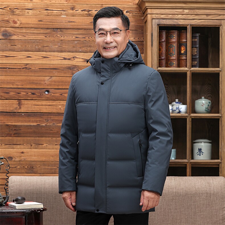 中老年羽绒服男士中长款加厚防寒中年休闲白鸭绒连帽可脱卸外套图片