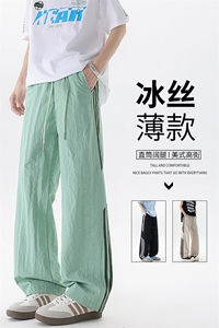 美式高街条纹裤子男夏季冰丝宽松冲锋户外直筒休闲阔腿裤KZ048P50图片