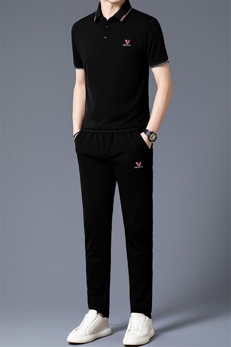 HP5092夏季新款男士休闲套装刺绣男装百搭二件套翻领,男装休闲套装,电商B360