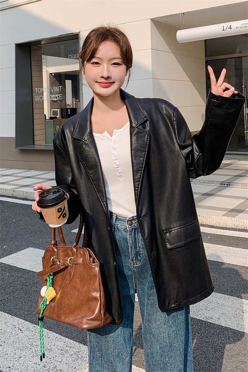 黑色西装外套女2025春季新款设计感小众休闲时尚百搭韩版西服潮,女装皮衣,1C083