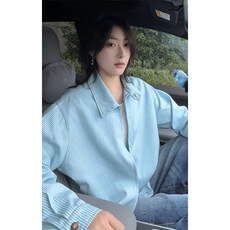 松弛极简蓝白条纹翻领开衫大码短款长袖夹克男J5284-特P58控108，男装夹克，电商A001