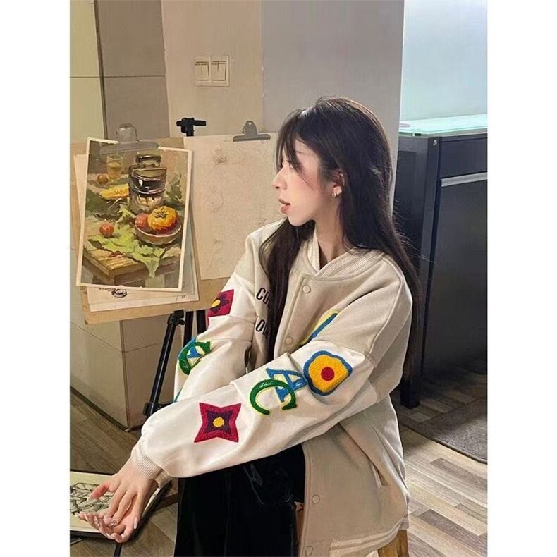 美式高街碎花毛巾绣植绒夹克杏色单排扣潮棒球服男女春秋外套,男装夹克,星座1210-1