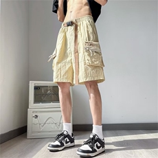 褶皱工装五分裤男港风潮大口袋字母高街2024夏季ins短裤K3897-P32，男装牛仔裤，星座412-3