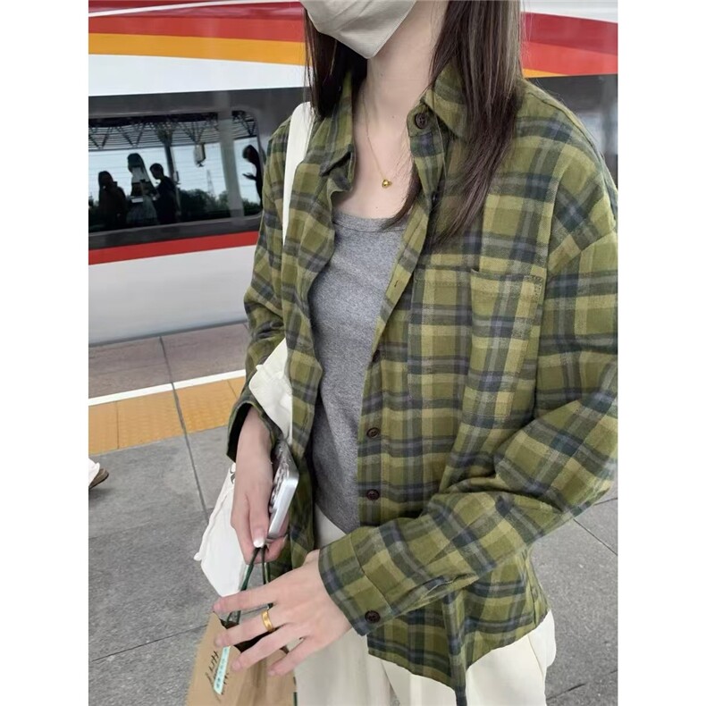 秋冬款韩系甜美绿色格子衬衫女小众设计感宽松休闲长袖衬衣外套潮,男装衬衫,星座506A