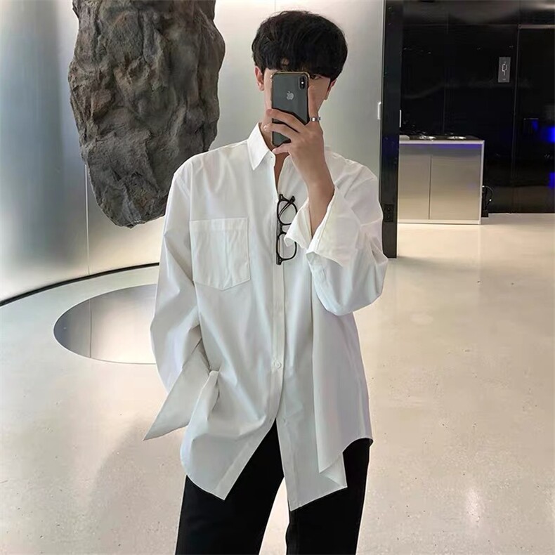 网络图CS372#口袋长袖衬衫黑色白色M-3XL原版高质量P20,男装衬衫,星座506A
